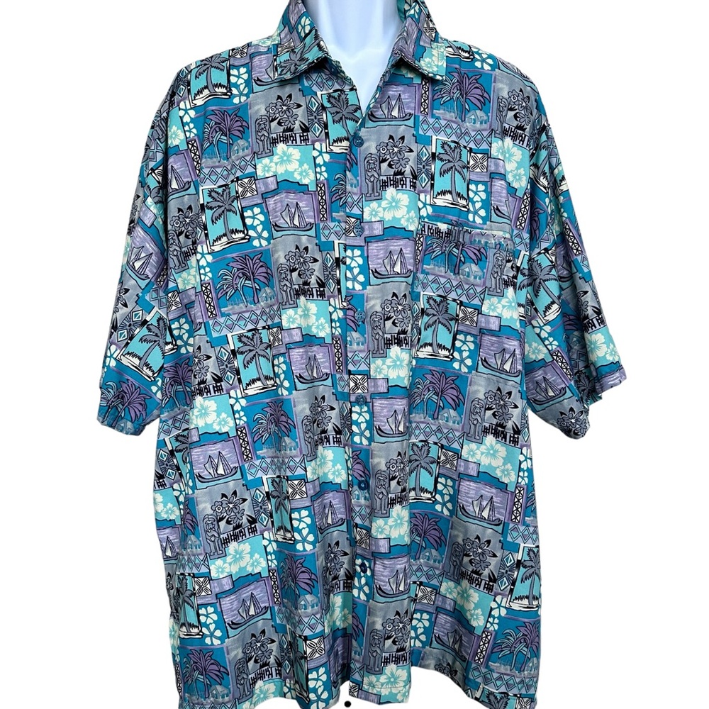 Rima Men’s Sz 2XL Purple Aqua Short Sleeve Tropical Beach Camp Shirt